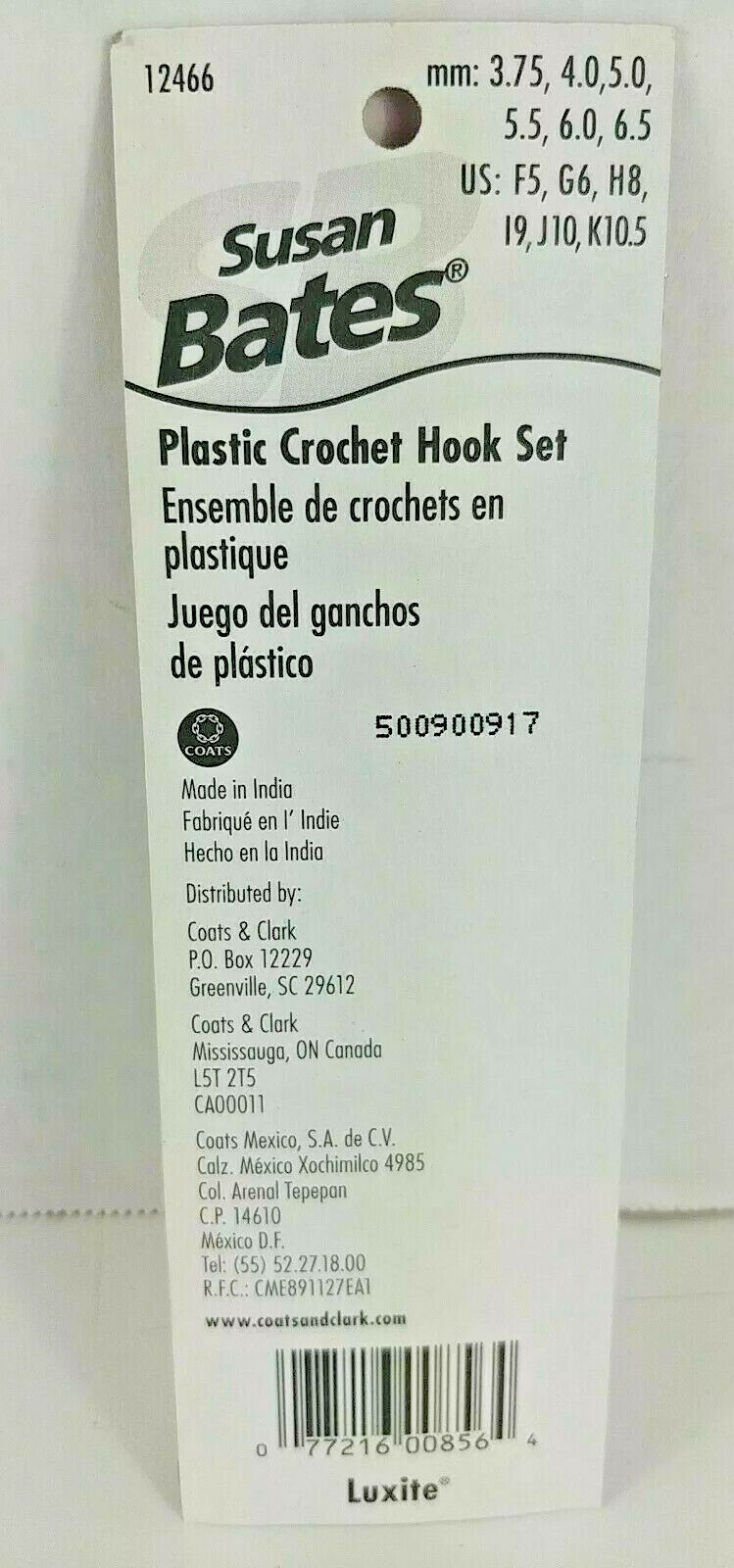 Susan Bates Plastic Crochet Hooks ~ 6-Count Set ~ US F5 – K10.5 ~ mm: 3.75 – 6.5