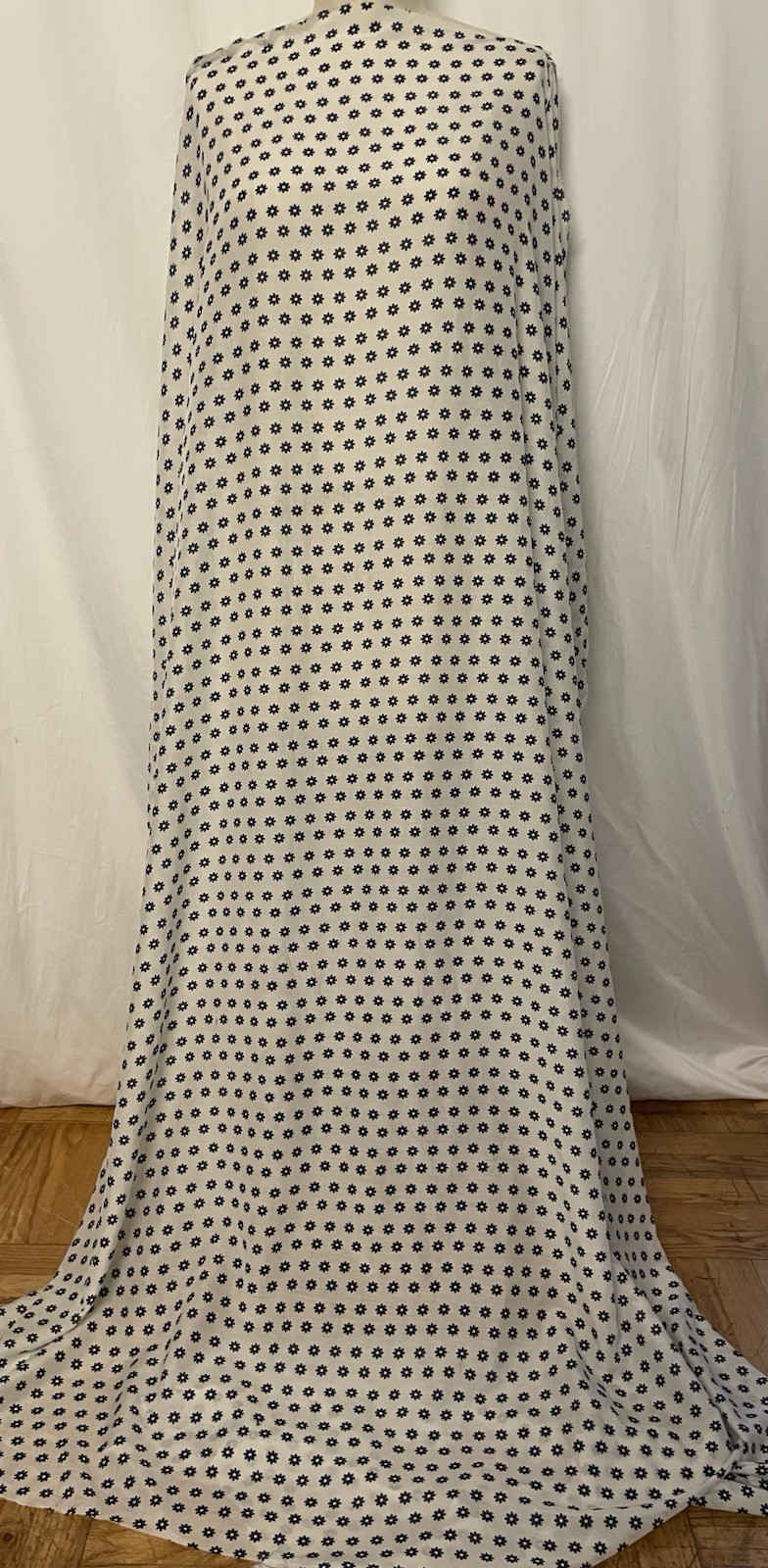 100% Fine Silk Batiste White Navy Blue Floral Motif Fabric 1.75 Yds Long 54″Wide