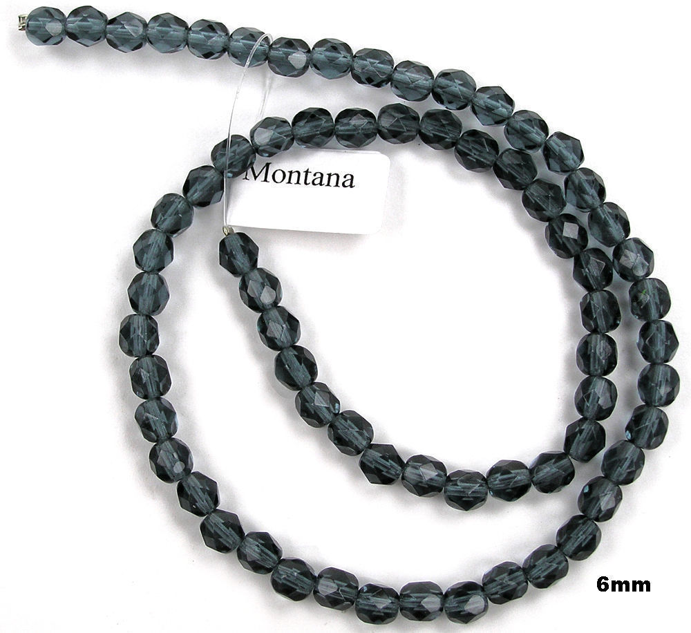 Czech Fire Polished Round Faceted Beads in Montana color 16”strand, silvery blue