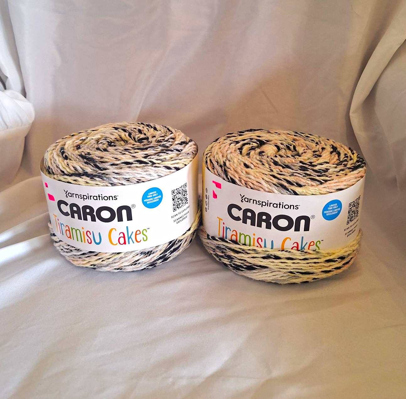 Caron Tiramisu Cakes Self-Striping Yarn, Worsted Acrylic Ivory/Black Lot of 2