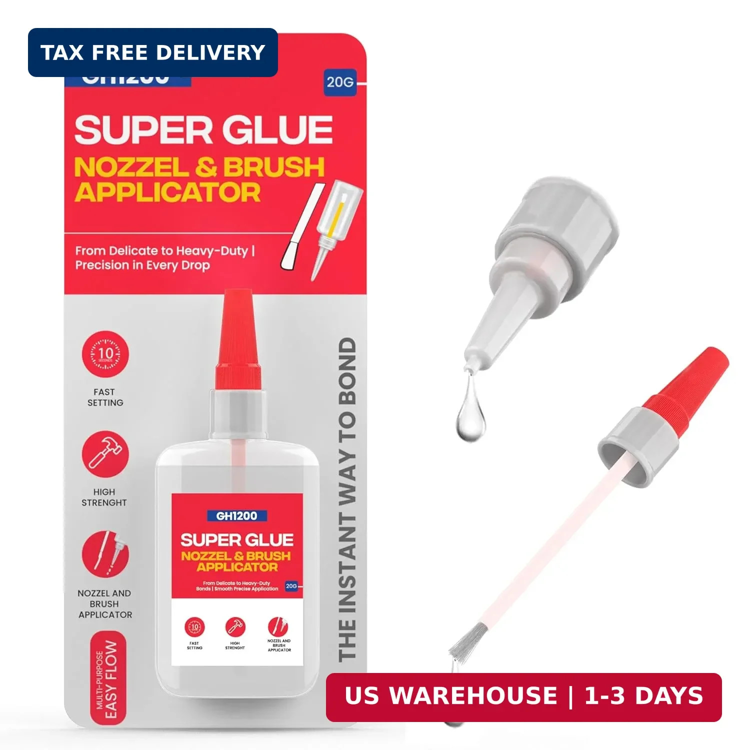 GH1200 (2-in-1) Super Glue with Brush Applicator & Nozzle, Mess Free Superglue B