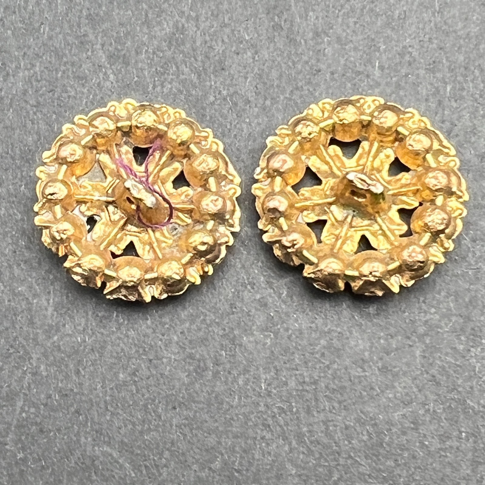 Vintage Aurora Borealis Rhinestone Buttons Gold Tone Set Of Two Decorative Round