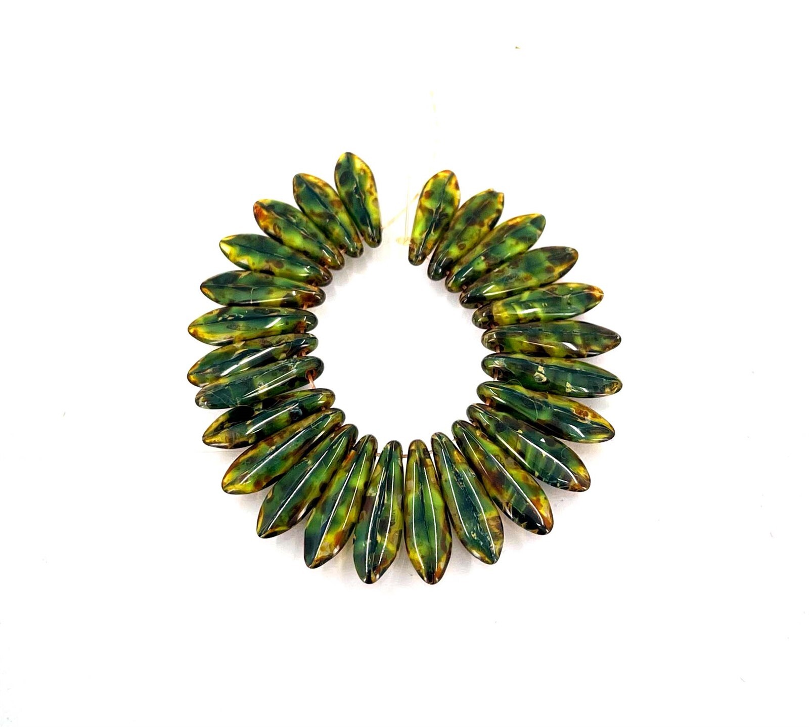 25 Dagger Jade Swirl Piscasso Czech Glass Beads Opaque Yellow / Jet 16x5mm