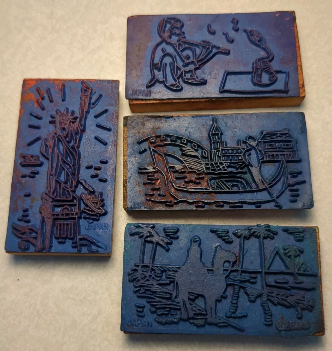 4 Rubber Ink Stamps Snake Charmer, Lady Liberty, Egypt Camel, France Gondola