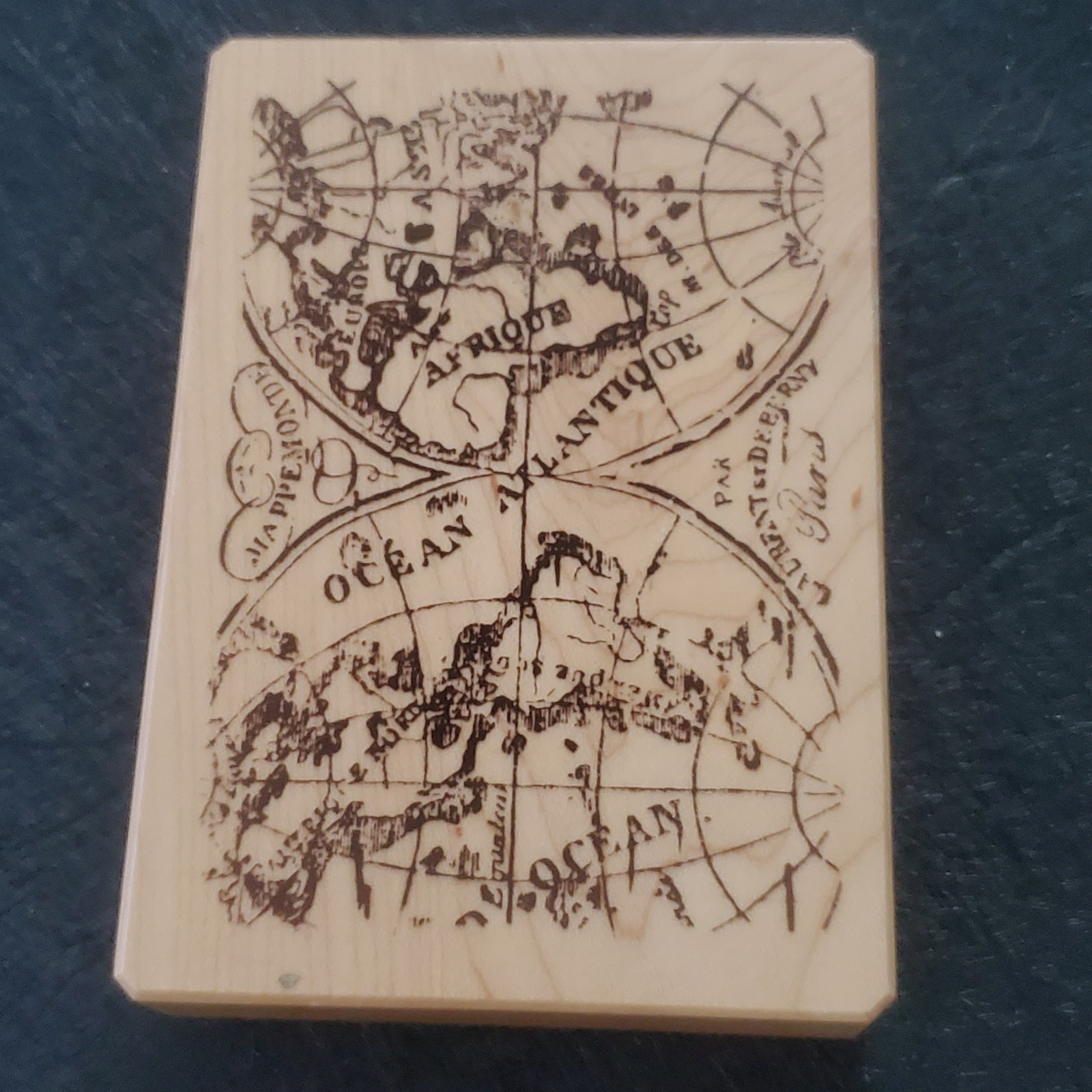 Atlas World Map Globe French Language Atlantic Ocean Africa Wood Rubber Stamp