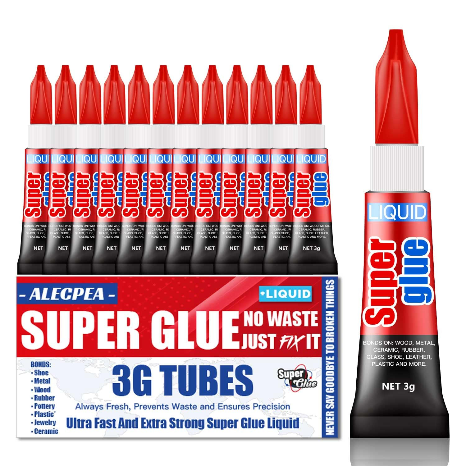 3 Gram (Pack of 12) Single Use Super Glue Liquid, Super Fast, Thin & Strong Adhe
