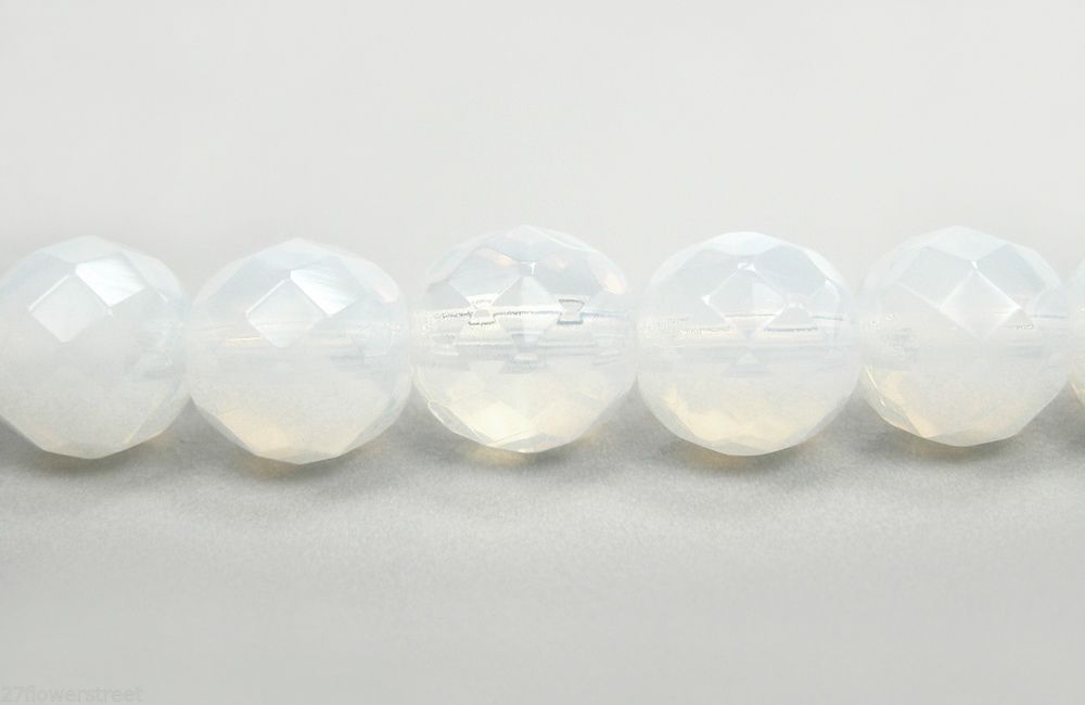 Czech Fire Polished Round Faceted Glass Beads in White Opal color, 16″ strand