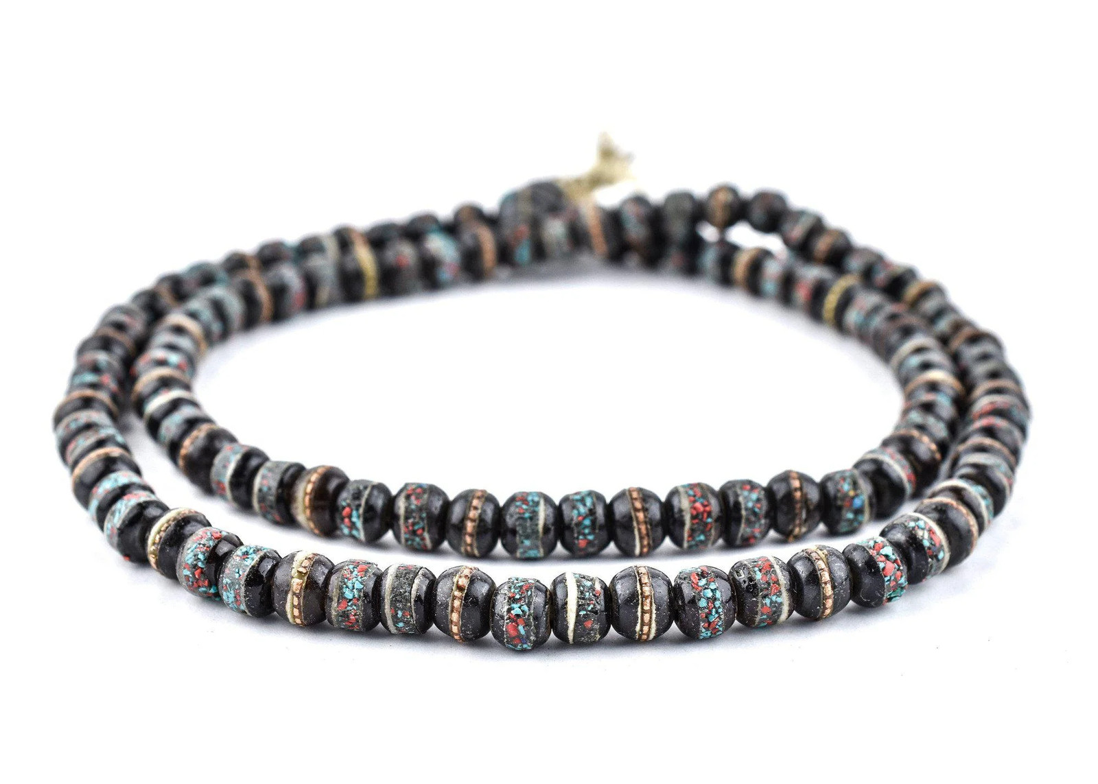 Black Speckled Inlaid Yak Bone Mala Beads 8mm Nepal Multicolor Round Large Hole