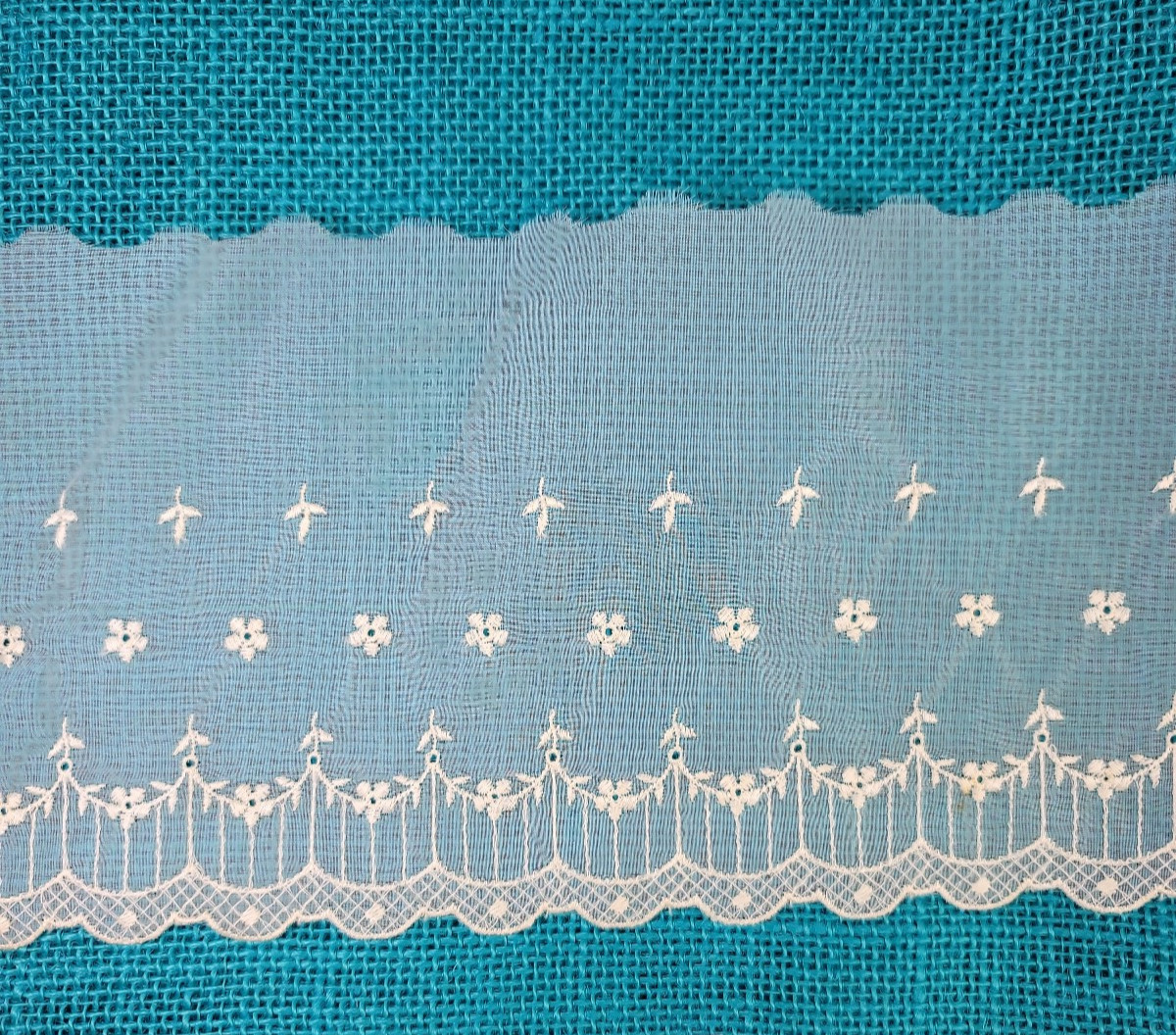 Vtg Light Cream Floral Embroidered Sheer Border Lace Trim Eyelet Scallop 5″ Wide