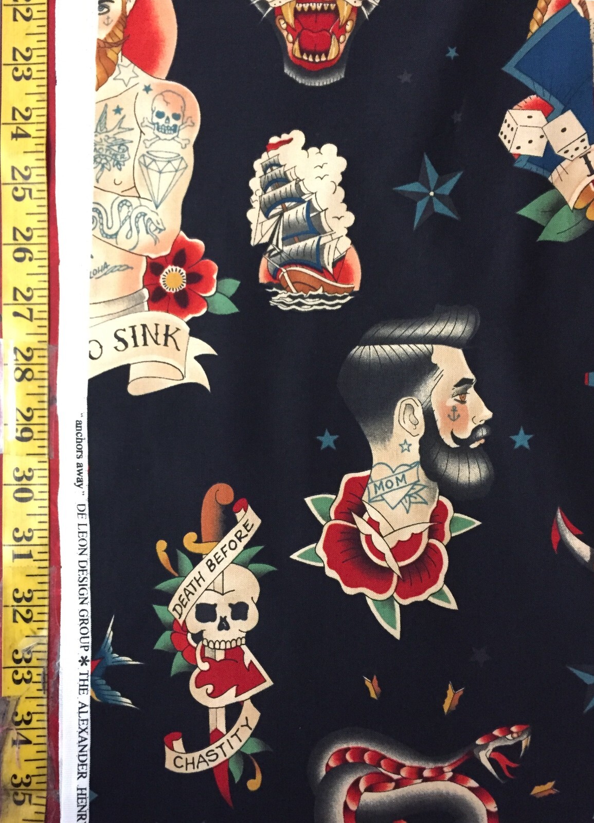Anchors Away Tea Black Alexander Henry Fabric Nautical Sailor Tattoo