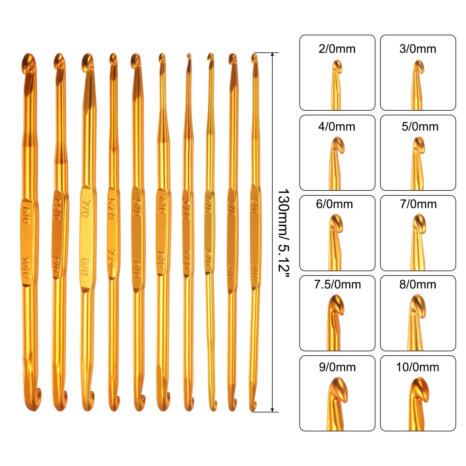 10Pcs Double End Crochet Hooks 2/0 to 10/0 Aluminum Golden Knitting Needles