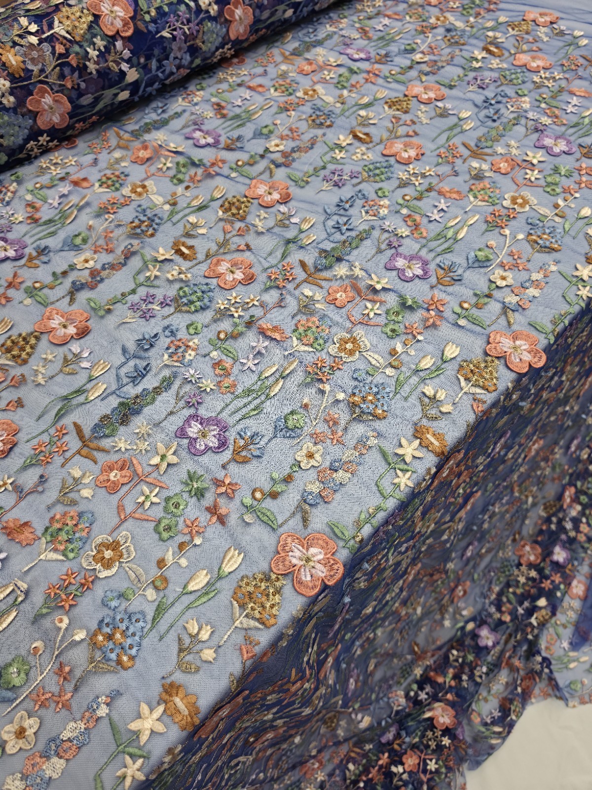 Royal Blue Lace Fabric Sold By The Yard Multicolor Embroidery 3d Floral