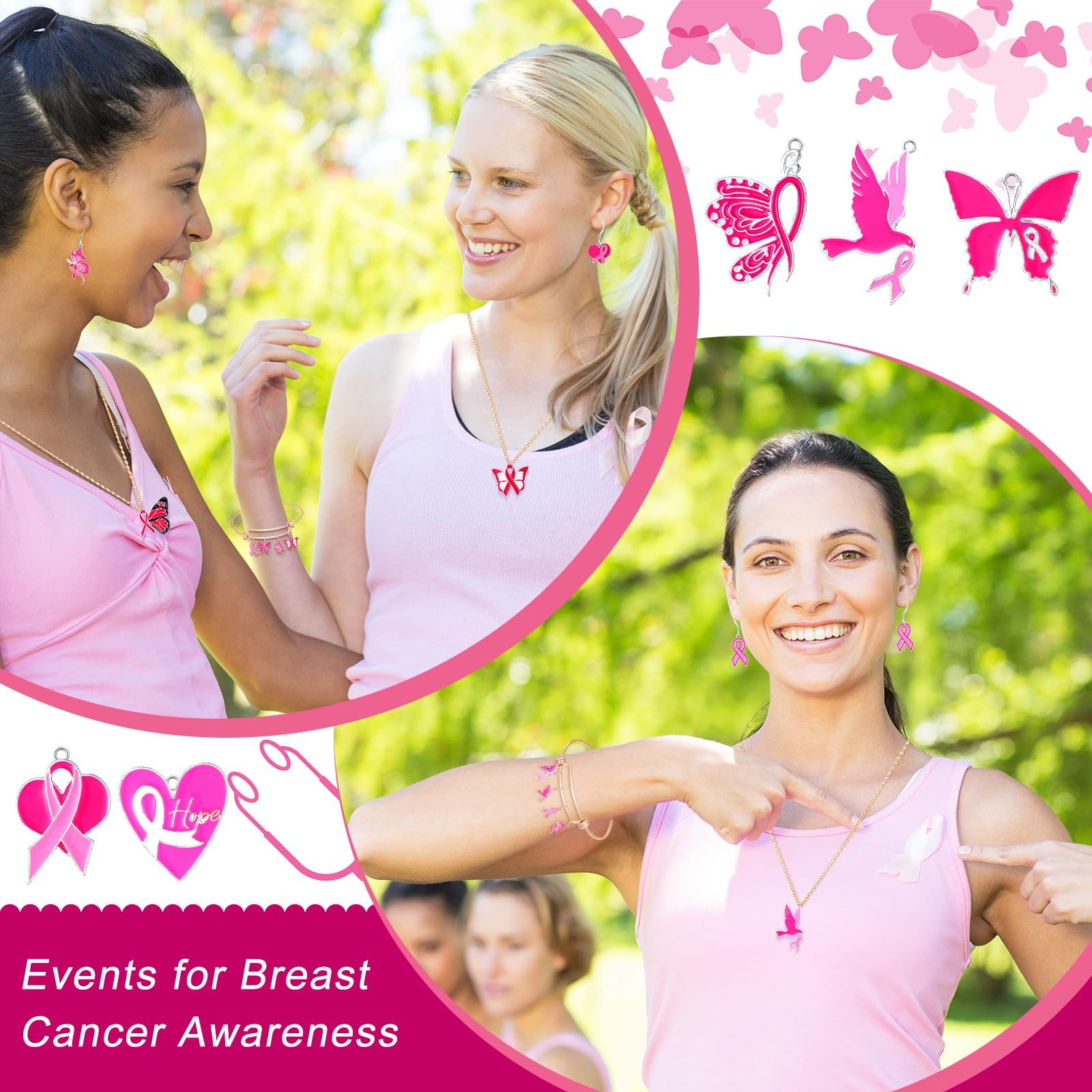 Tudomro 200 Pcs Breast Cancer Awareness Charms Bulk for Small, Pink, Silver