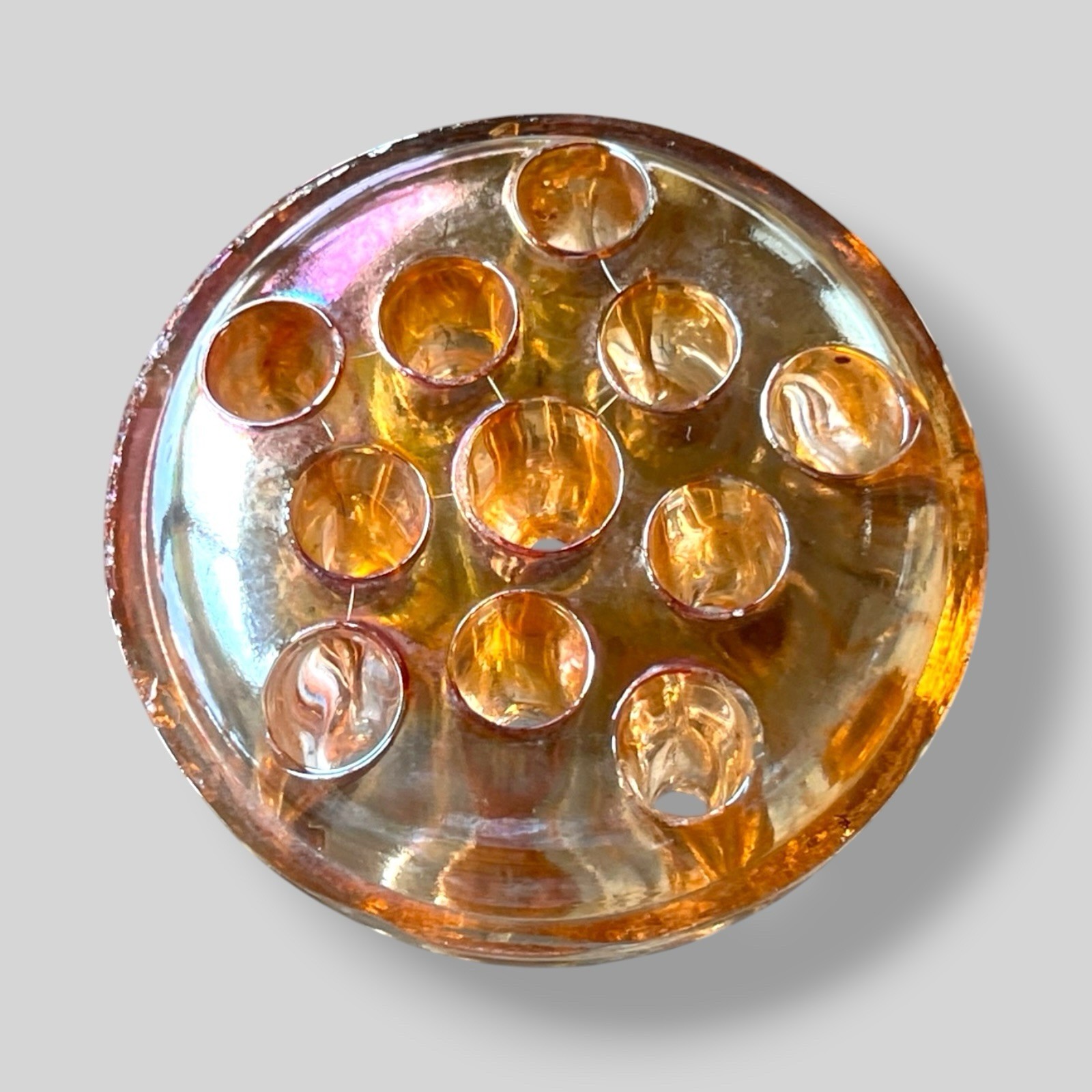 Vintage Amber Glass Flower Frog 11 Hole Floral Arranger Round Vase Insert
