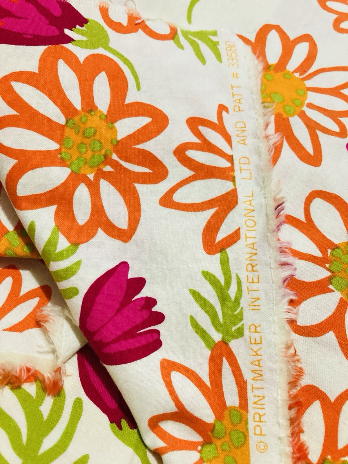 Large Modern Orange Pink Floral Green on White VTG Printmaker Intl 2.6Y x 54″W