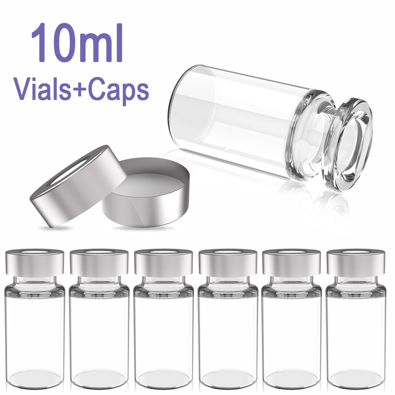 100PCS Lab Sample Vials 10ml Small Glass Bottle Mini Jars+Aluminum Crimp Lid Top