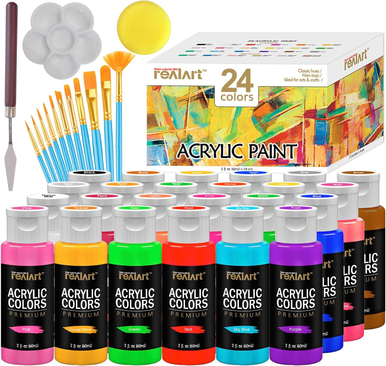 Acrylic Paint Set, 24 Colors (2 oz/Bottle) with 12 Art Brushes, Art Supplies for