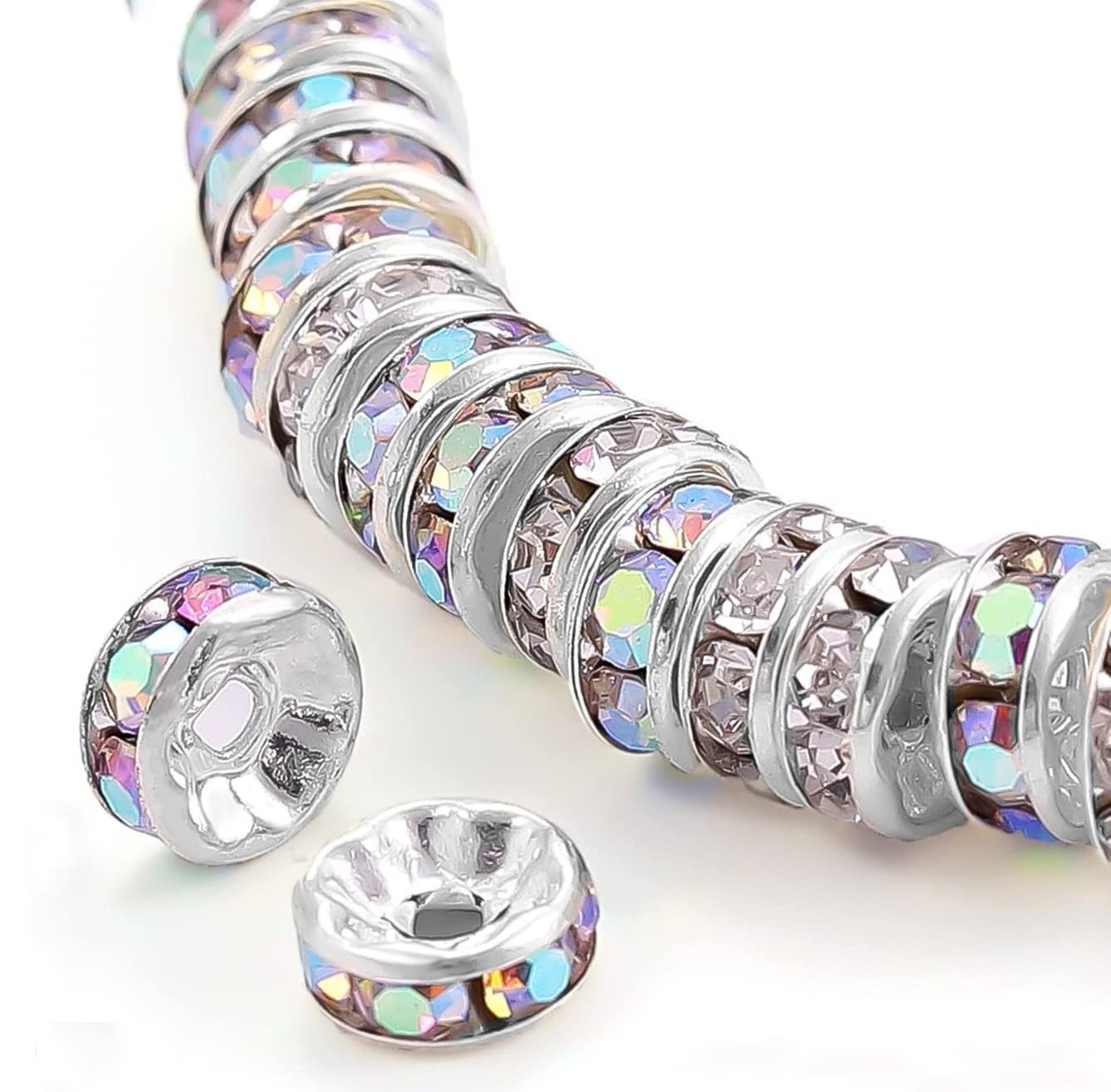 200Pcs 8mm Rondelle Spacer Beads Silver Plated AB Color Crystal Rhinestone for J
