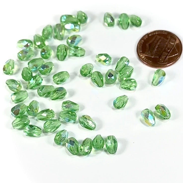 Czech Glass Pear Shaped Fire Polished Beads 7x5mm Peridot AB Tear Drops, 50pcs