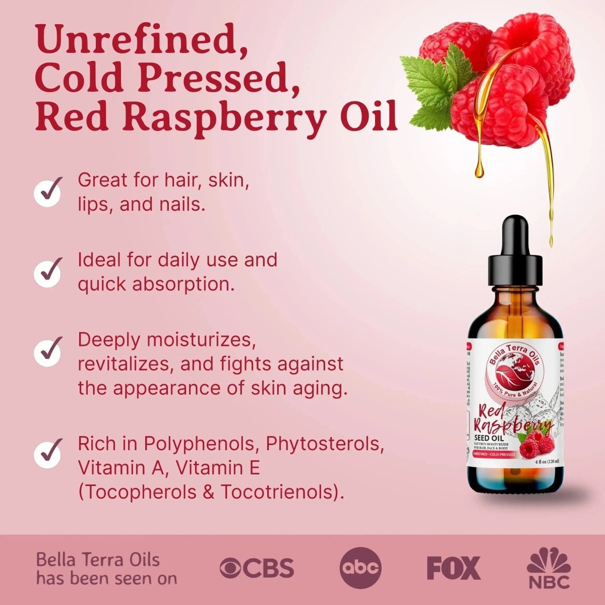 Organic Cold-Pressed Red Raspberry Seed Oil 100% Pure Skin Hair SPF Moisturizer