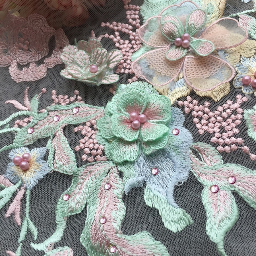 3D Flowers Beaded Lace Fabrics Applique Embroidery Sewing On Patches