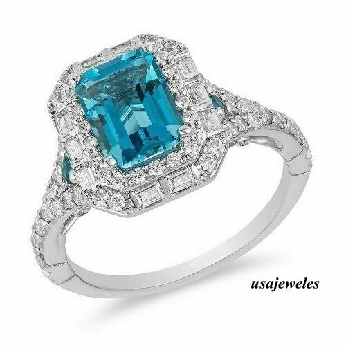 Halo Wedding Jewelry Ring 2.60CT Emerald Cut Real Aquamarine 14K White Gold Over
