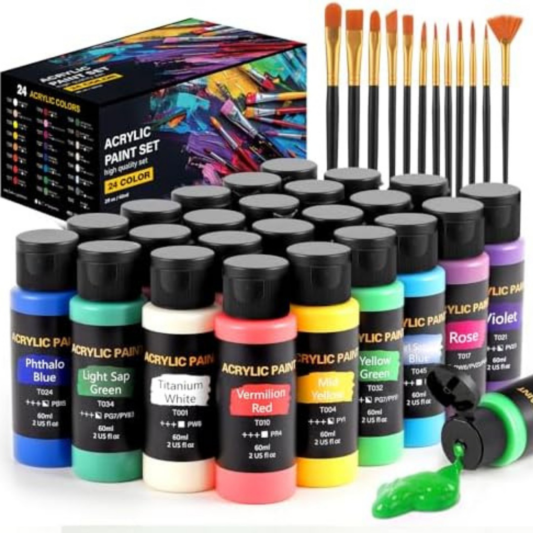 Acrylic Paint Set, 24 Colors (2 oz/Bottle) with 12 Art Brushes, Art Supplies for