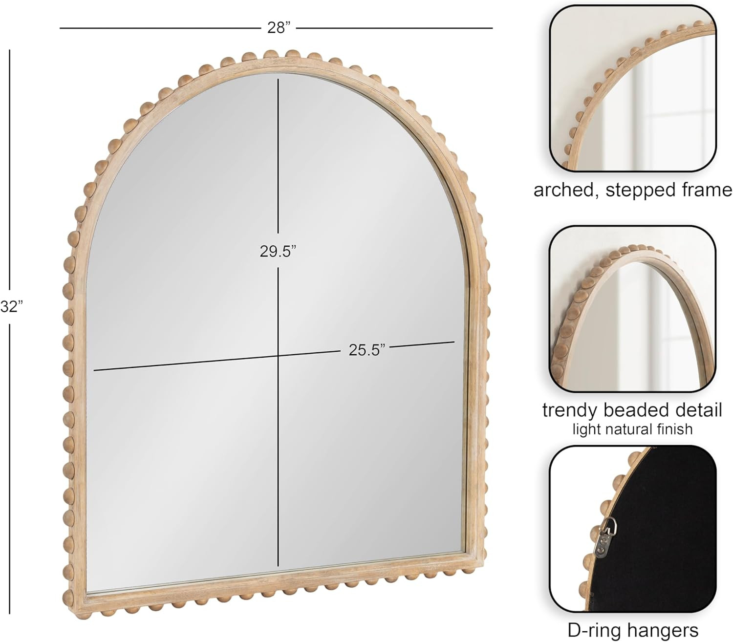 Beadbrook Modern Arched Mirror, 28×32, Light Natural for Bathroom or Entryway