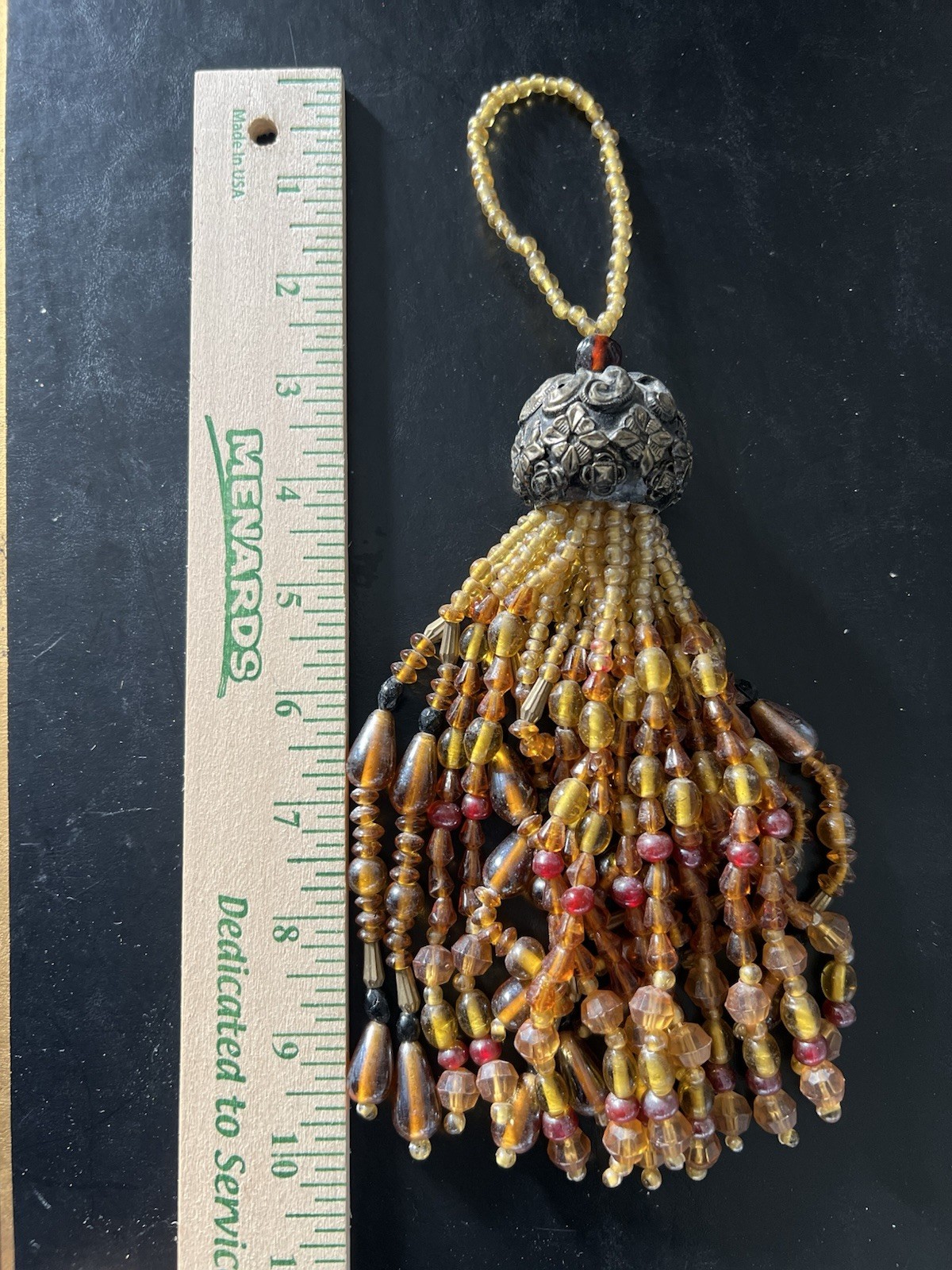 Amber glass gold tones warm Color Heavy Beaded Tassel Holiday ornament rich 7″