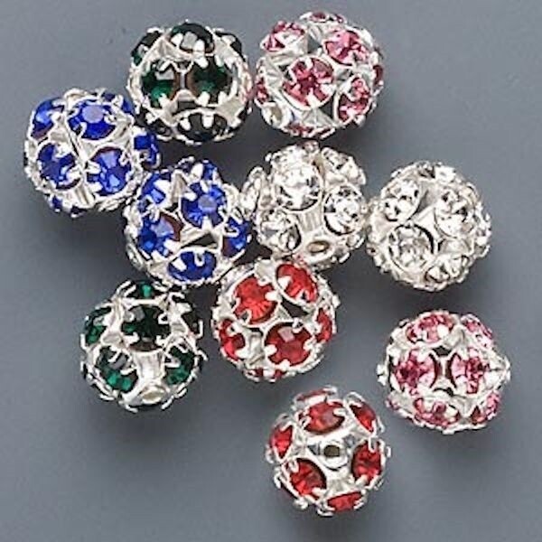 10 Silver Plated Brass & Rhinestone Crystal 10mm Round Bead Mix *