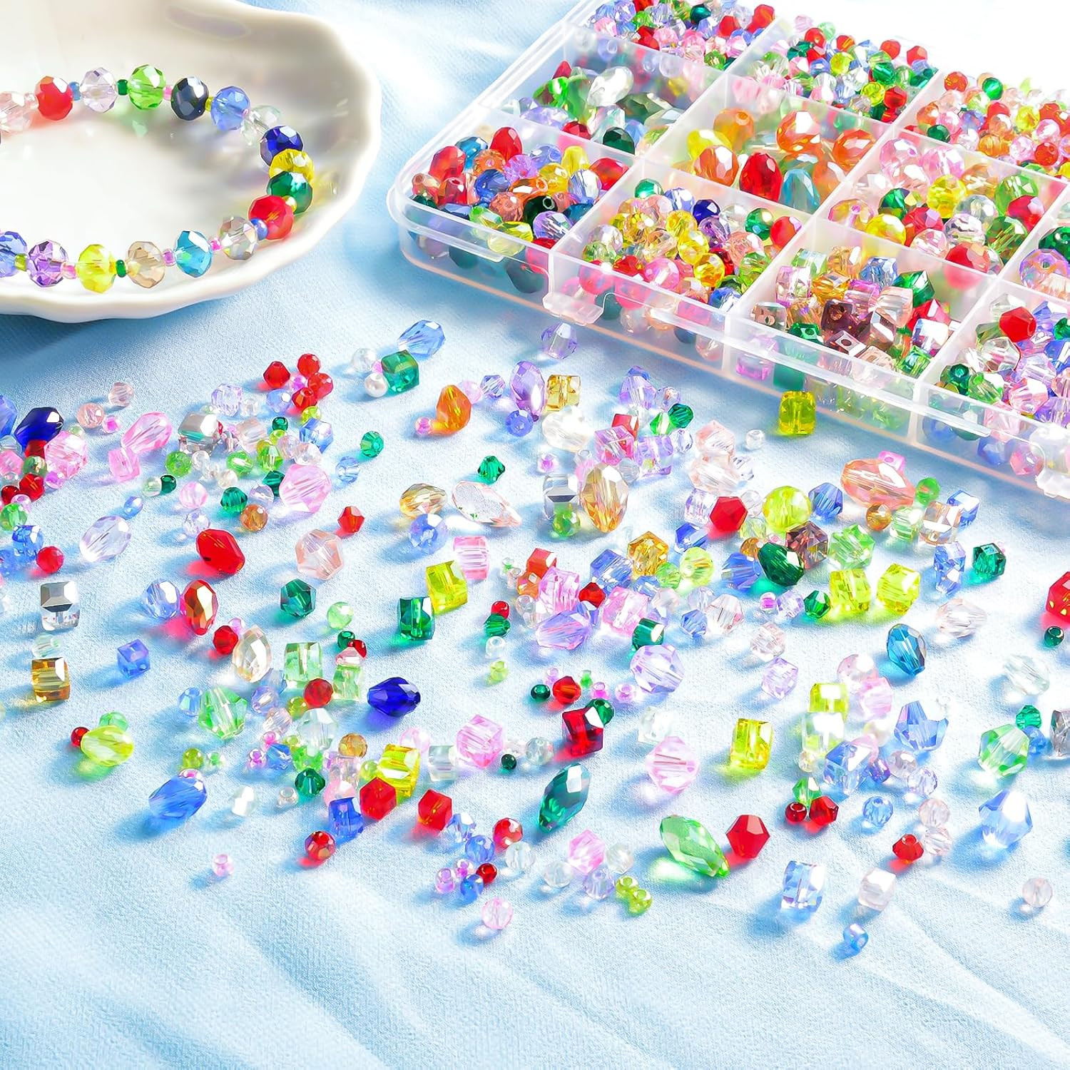 1500 Pcs Crystal Glass Beads for Jewelry Making – 12 Styles Bicone, Rondelle, Cu
