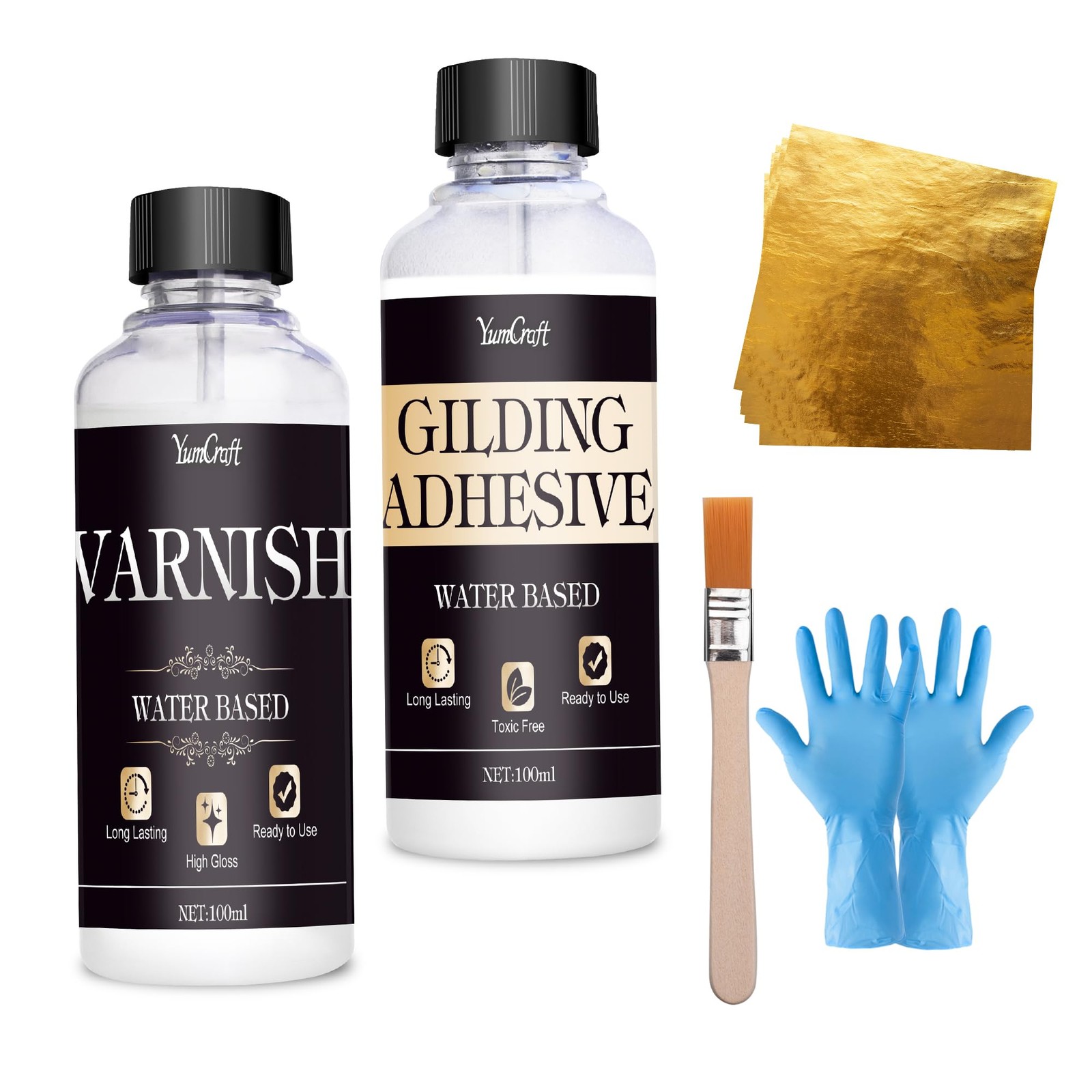 Gold Leaf Kit, 100ml Gilding Adhesive and 100ml Gloss Varnish and Gold Leaf S…