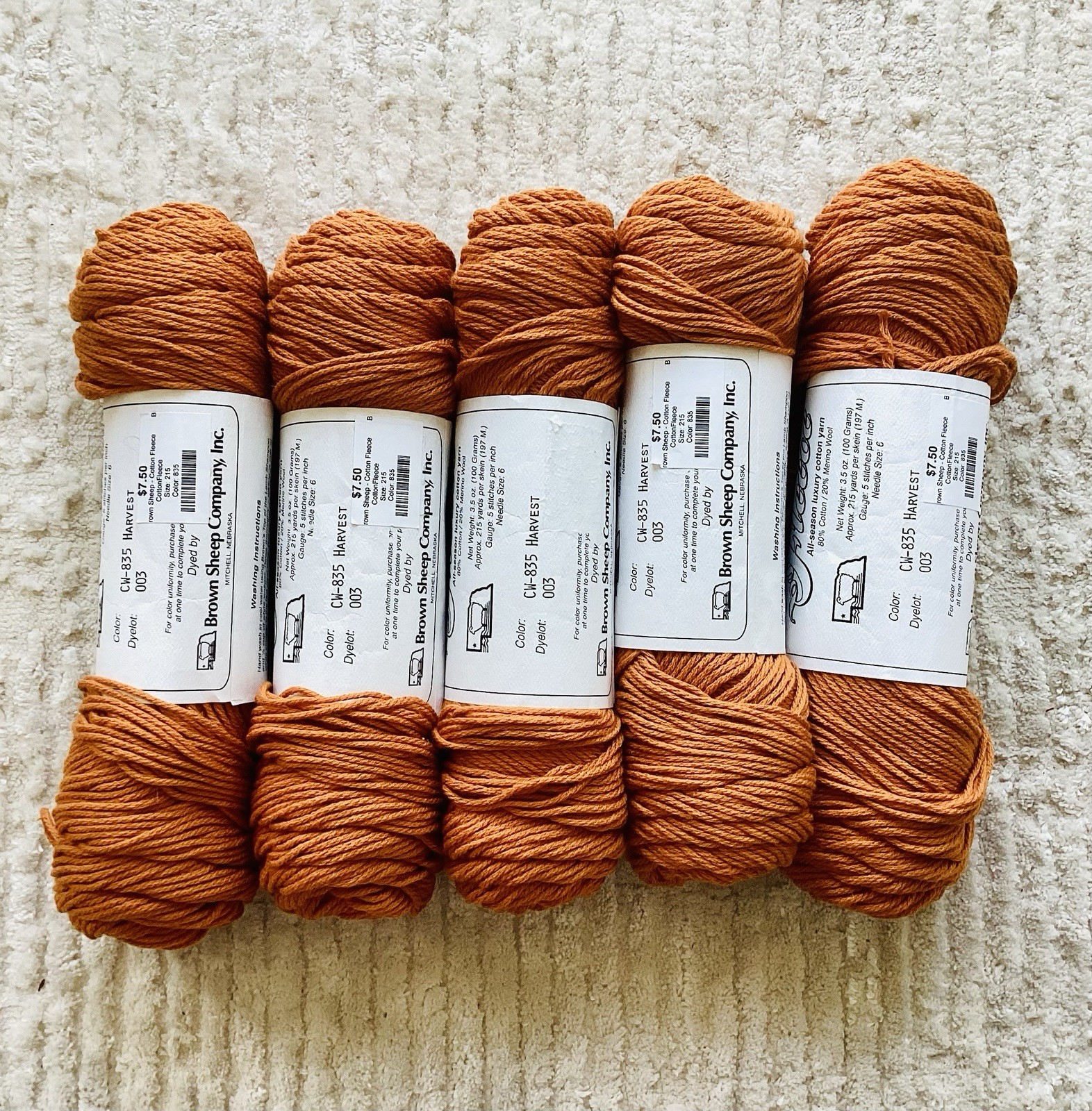 Lot Of 5 Brown Sheep Company Cotton Fleece yarn burnt orange Harvest Wool Cotton