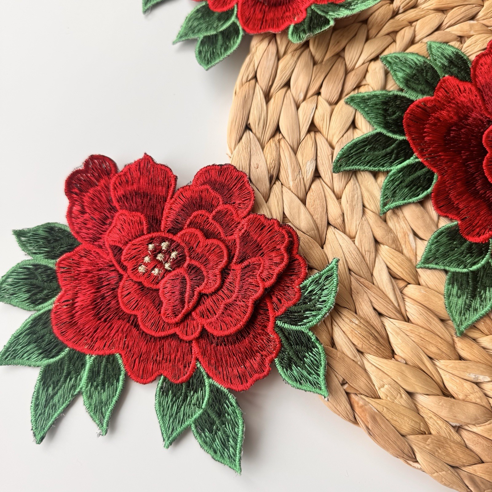3D Red and Green Applique (1 Piece), Big Rose Glue on Patch Embroidered 6” X 5”