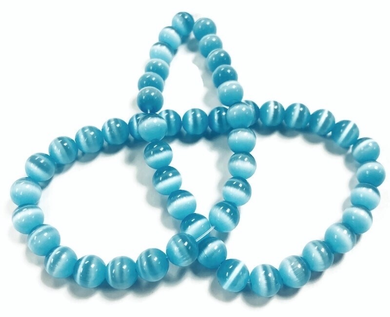 50 Cat’s Eye Fiber Optic Glass Aquamarine 8mm. Smooth Round Beads 2577