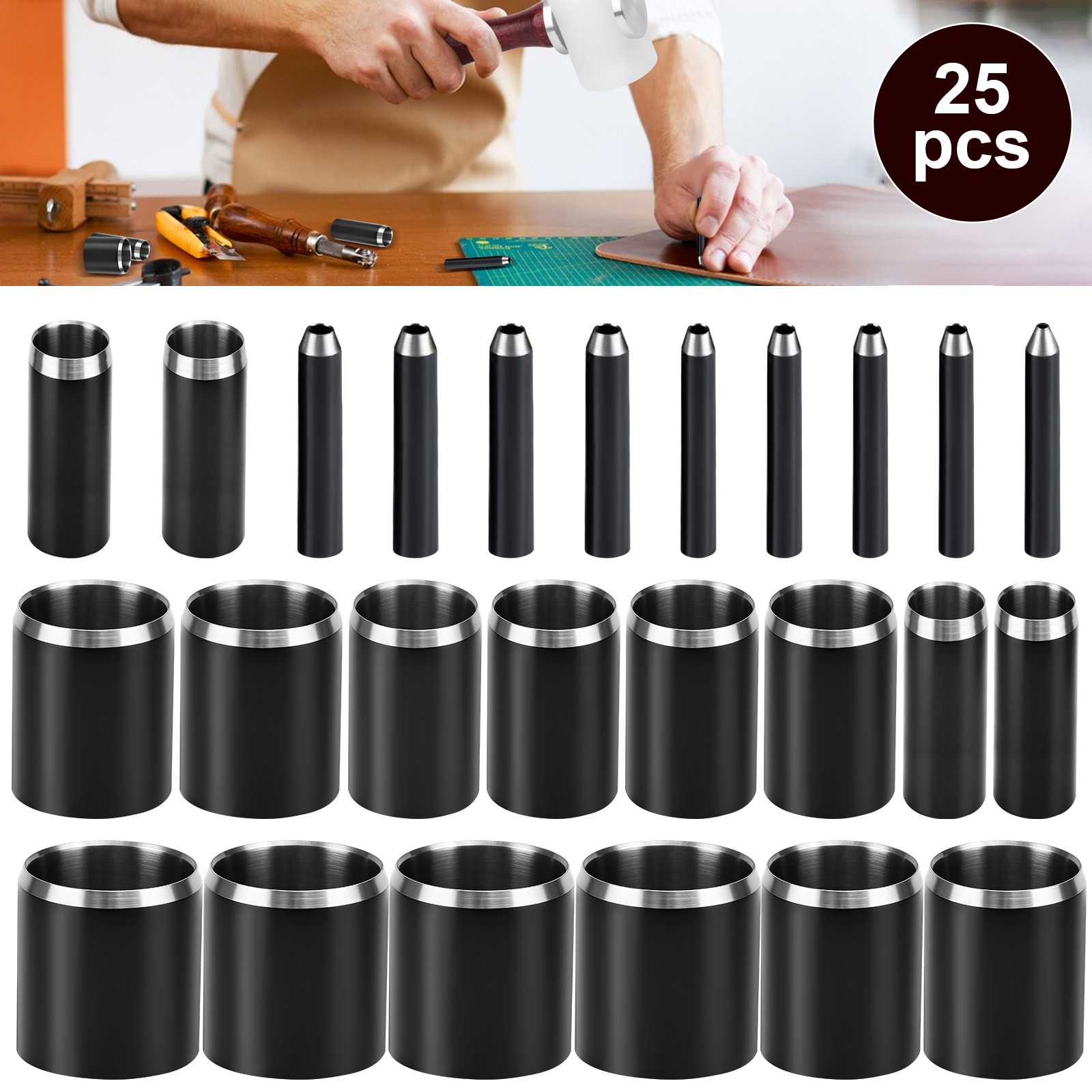 25pcs Leather Circle Cutter Tool Set 1-25mm Steel Round Hole Punch Cutting Dies