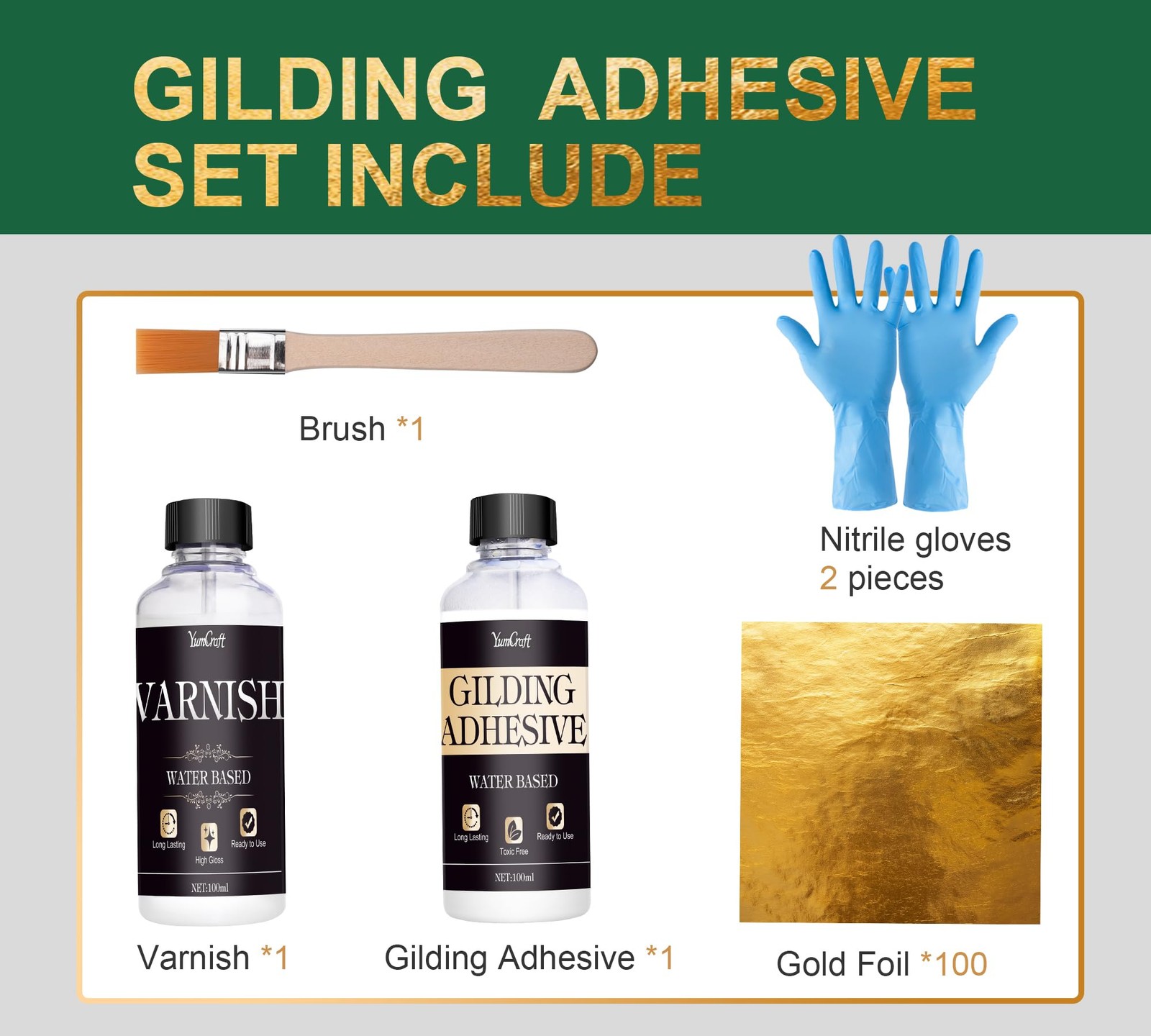 Gold Leaf Kit, 100ml Gilding Adhesive and 100ml Gloss Varnish and Gold Leaf S…