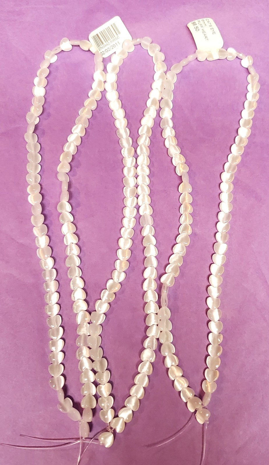 White Cat’s Eye Glass Heart Bead Strands 6mm Puff Heart Lot of 3 Crafting 225 Pc
