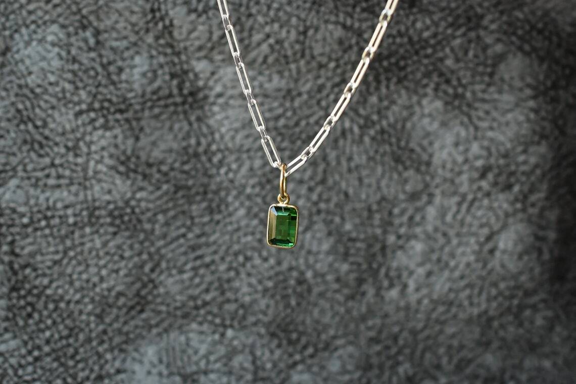 Green Tourmaline 18k Solid Gold Step Cut Charm Pendant Necklace Handmade Pendent