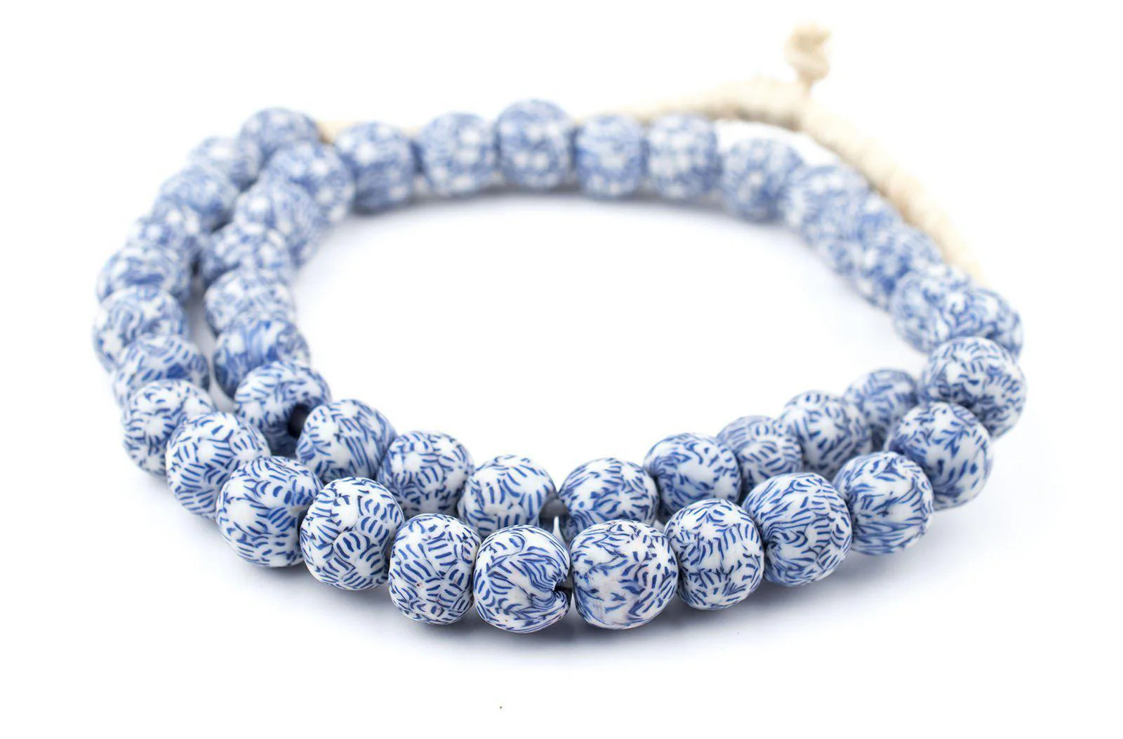 Blue & White Fused Recycled Glass Beads 14mm Ghana African Round Large Hole