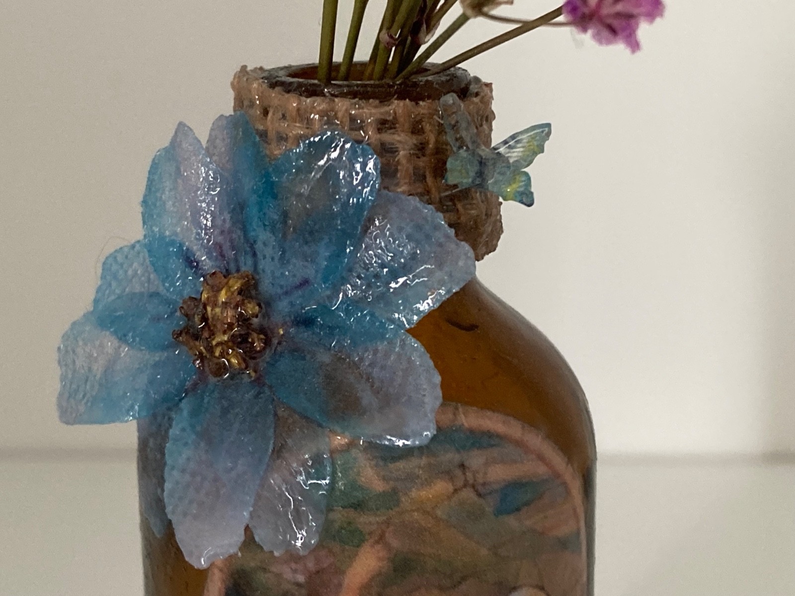 Decoupage, Hand Decorated Angel on Very Small, Amber, Apothecary Glass Bottle