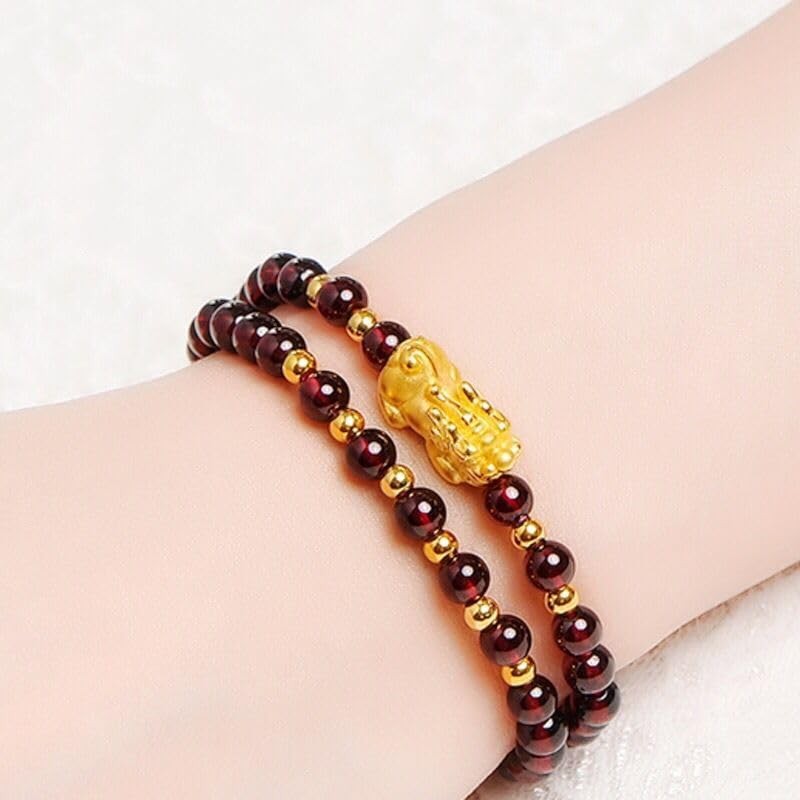 Pixiu Garnet Beaded Bracelet Feng Shui Pixiu Wealth Bracelet Stackable Pi X – 01