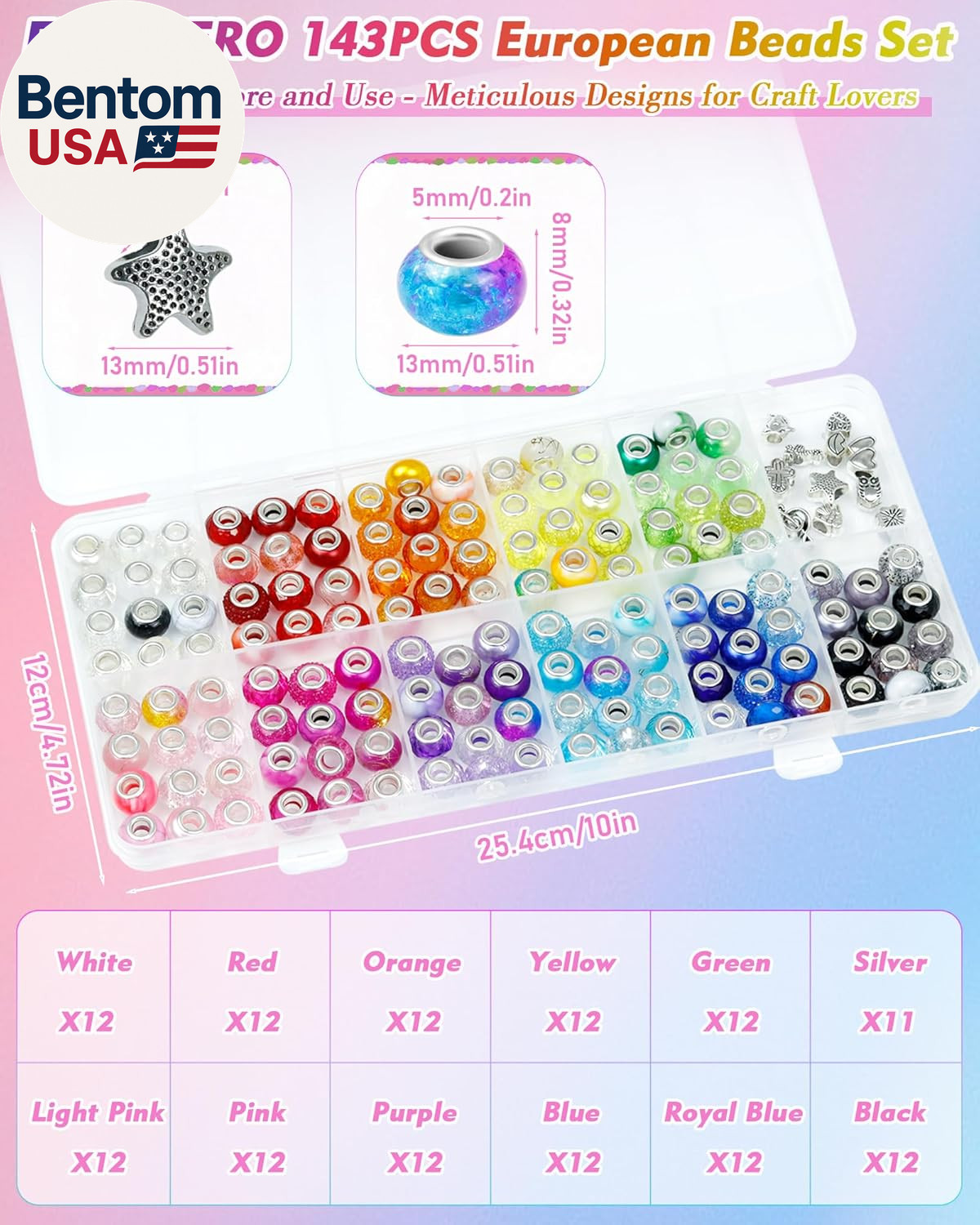 143PCS European Large Hole Beads for Jewelry Making – 12 Colors Glass Big Hole