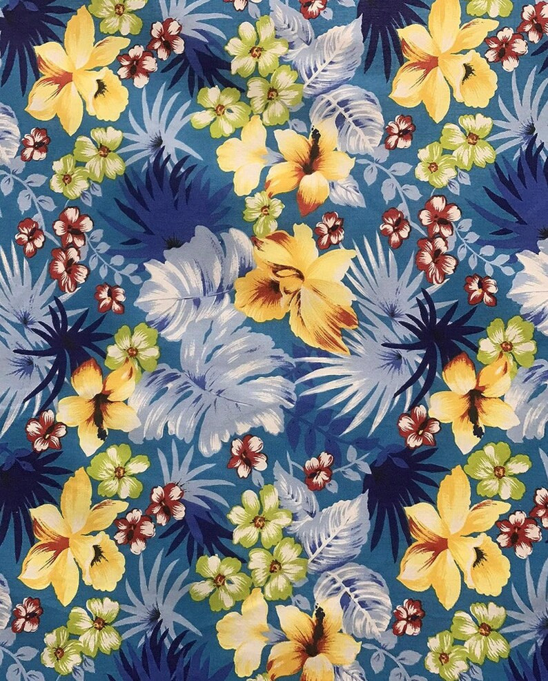 Turquoise Hawaiian Flowers Poly Cotton 60” Wide fabric- None Stretch