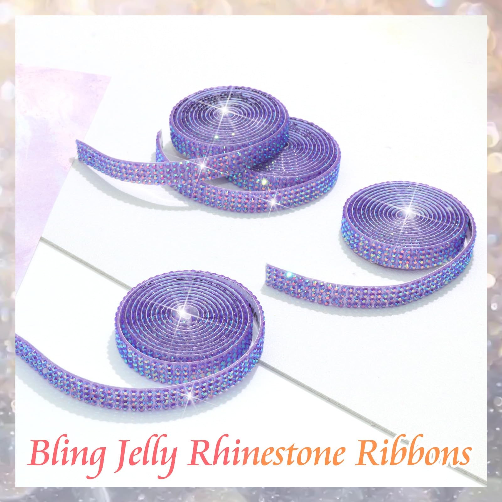 4 Rolls Crystal Rhinestone Ribbon Purple AB Diamond Tape Sticker