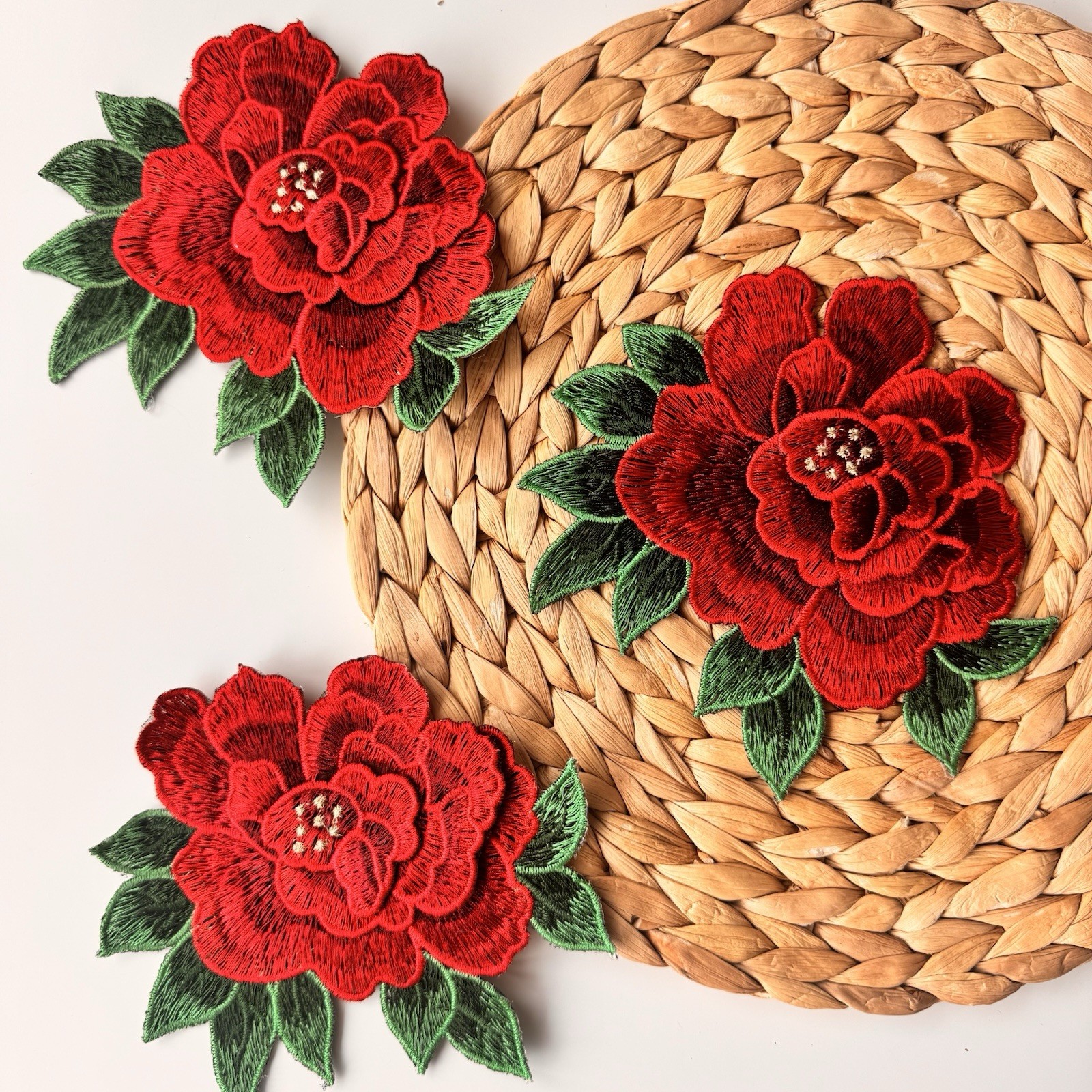 3D Red and Green Applique (1 Piece), Big Rose Glue on Patch Embroidered 6” X 5”