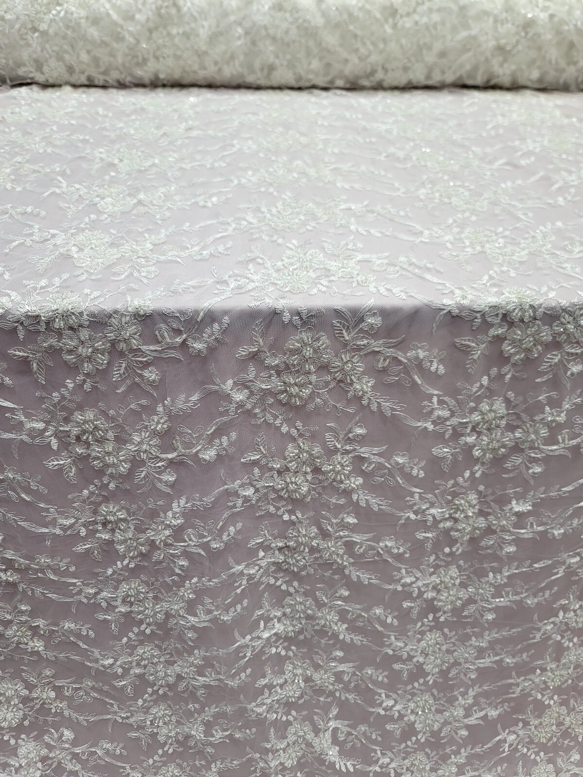 OFF WHITE Beaded Embroidery Bridal Lace Fabric By The Yard Wedding Fabric Scallo