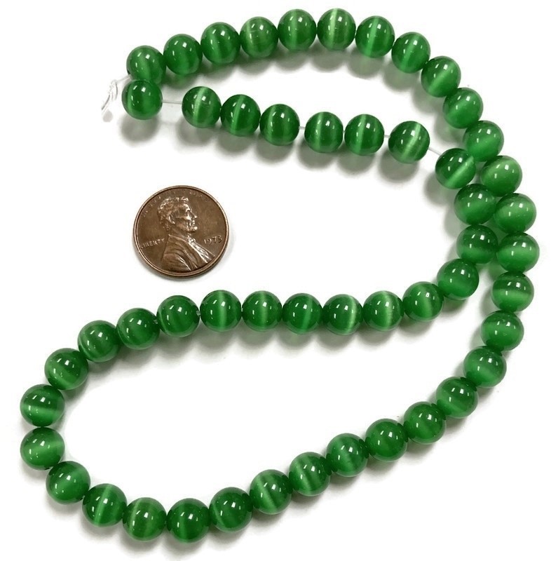 50 Cat’s Eye Fiber Optic Glass Muted Emerald 8mm. Smooth Round Beads 2573