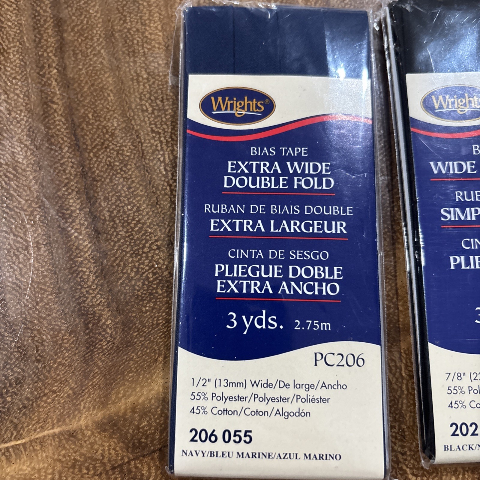 Lot of 2 Wrights Bias Tape Navy Extra Wide Double Fold & Black Wide Single Fold