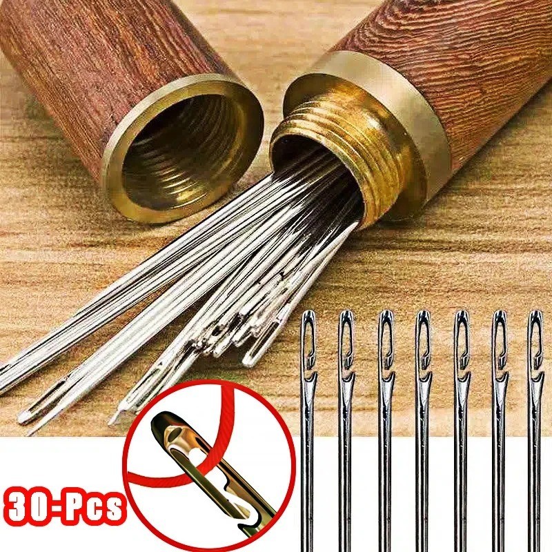 30PCS Stainless Steel Self-threading Needles Opening Sewing Darning Needles